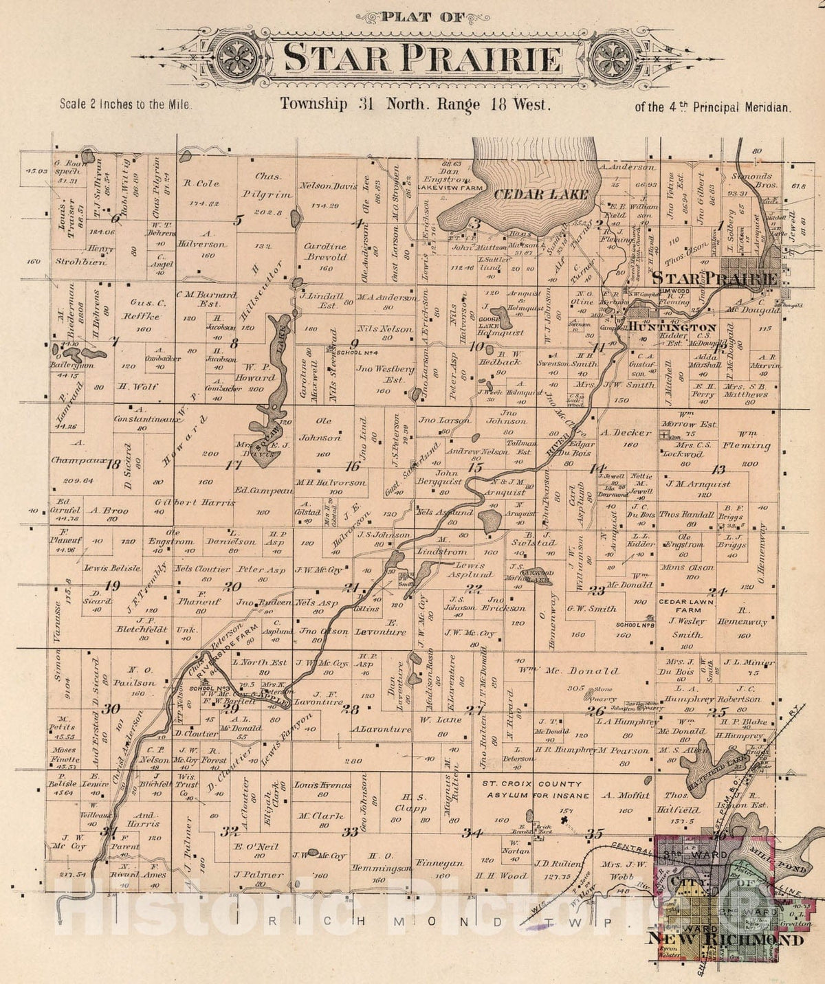 Historic Map : Star Prairie, Saint Croix County, Wisconsin., 1897, Vintage Wall Art