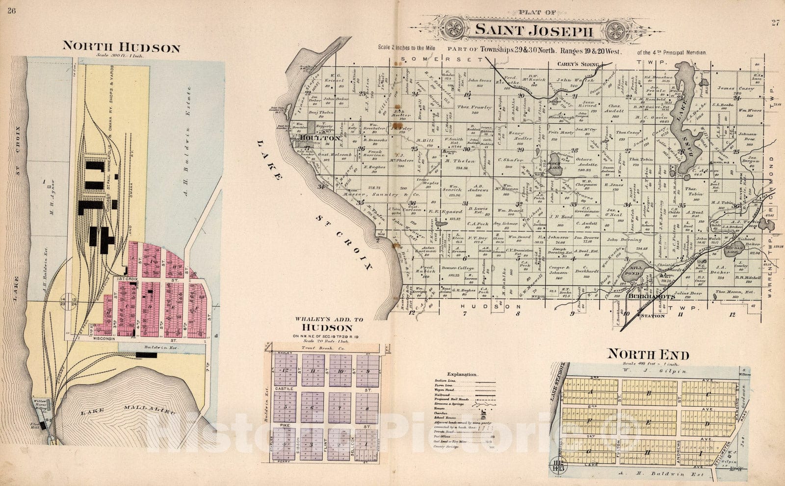 Historic Map : Saint Joseph, Saint Croix County, Wisconsin. North Hudson. Whaley's Addition to Hudson. North End., 1897, Vintage Wall Art