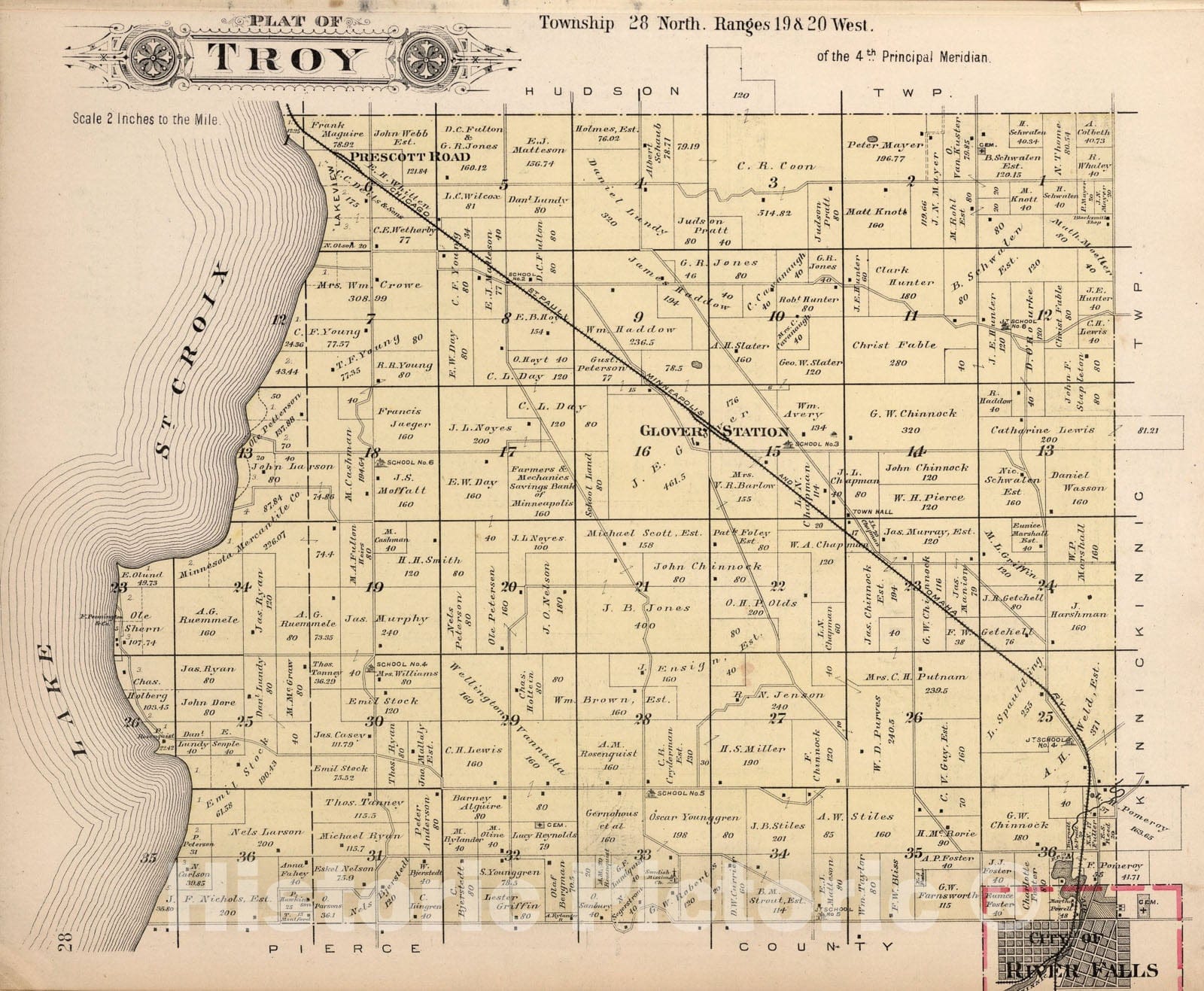 Historic Map : Troy, Saint Croix County, Wisconsin., 1897, Vintage Wall Art