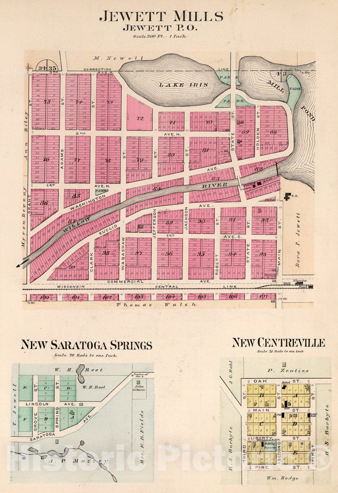 Historic Map : Jewett Mills. New Saratoga Springs. New Centreville, Wisconsin., 1897, Vintage Wall Art