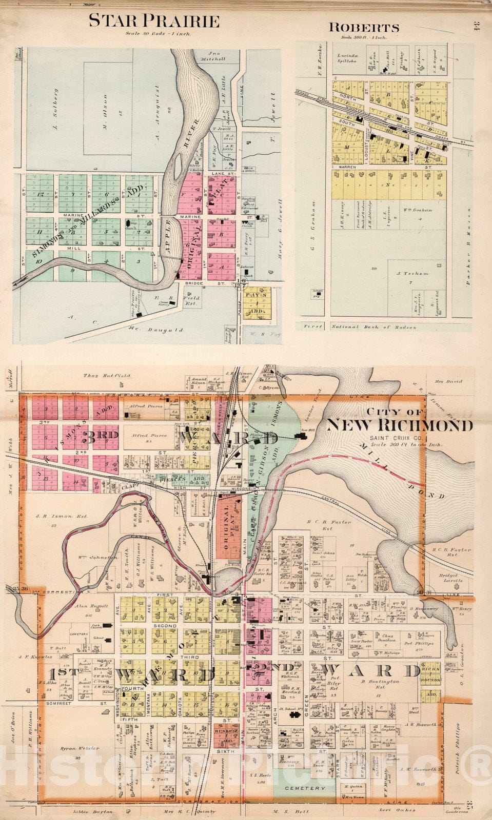 Historic Map : New Richmond. Star Prairie. Roberts, Wisconsin., 1897, Vintage Wall Art