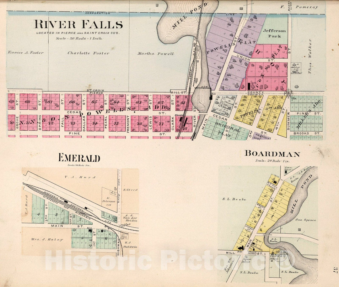 Historic Map : River Falls. Emerald. Boardman, Wisconsin., 1897, Vintage Wall Art