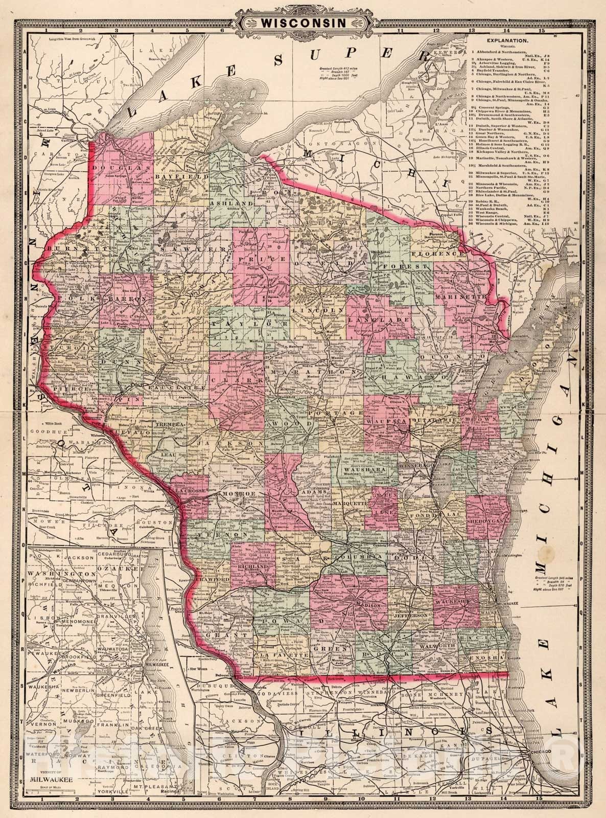 Historic Map : Wisconsin., 1897, Vintage Wall Art