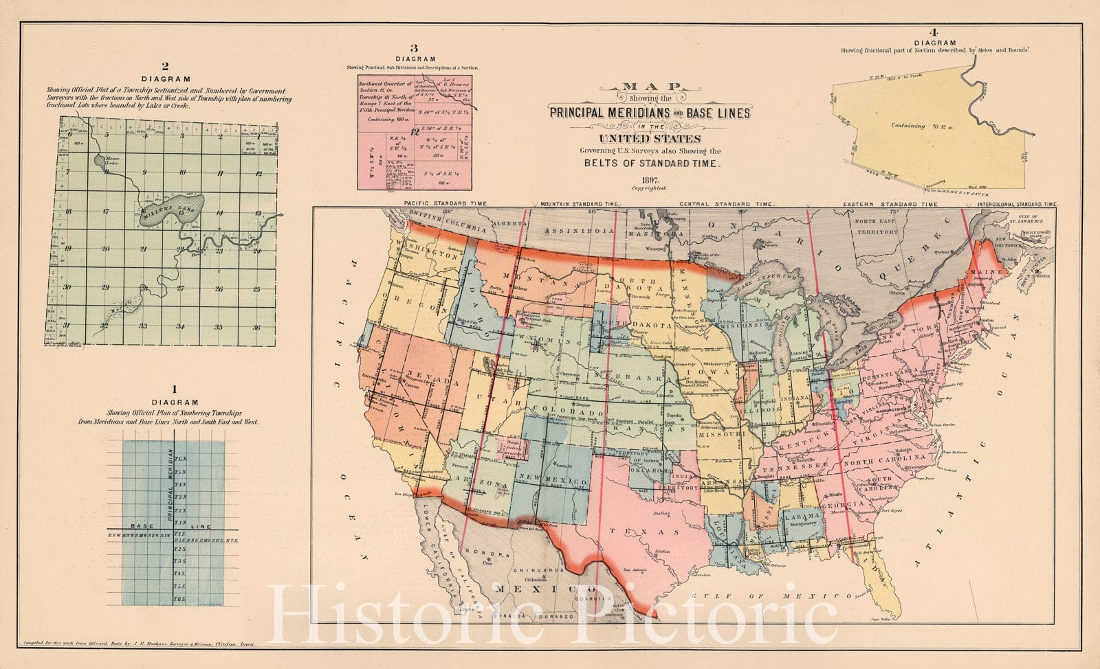 Historic Map : Principal Meridians and Base Lines in the United States, 1897, Vintage Wall Art