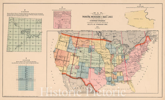Historic Map : Principal Meridians and Base Lines in the United States, 1897, Vintage Wall Art