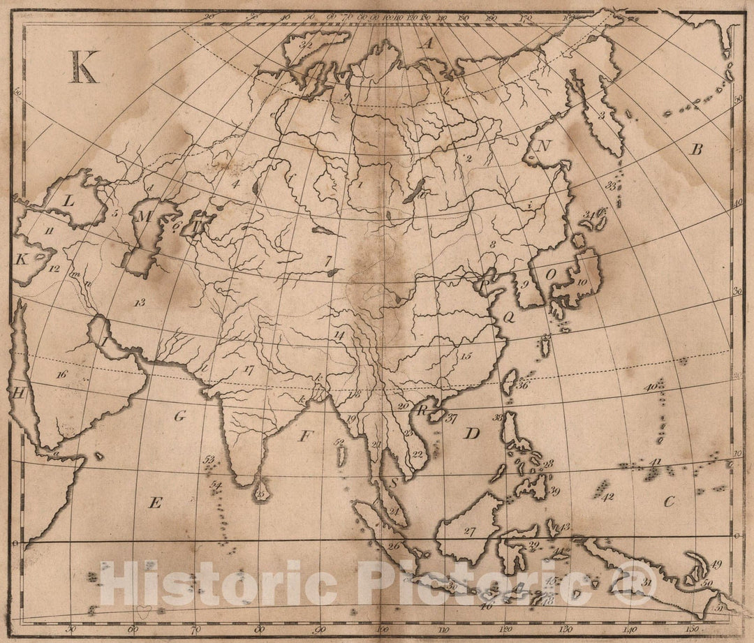 Historic Map : K: Untitled outline map of Asia, 1807, Vintage Wall Art