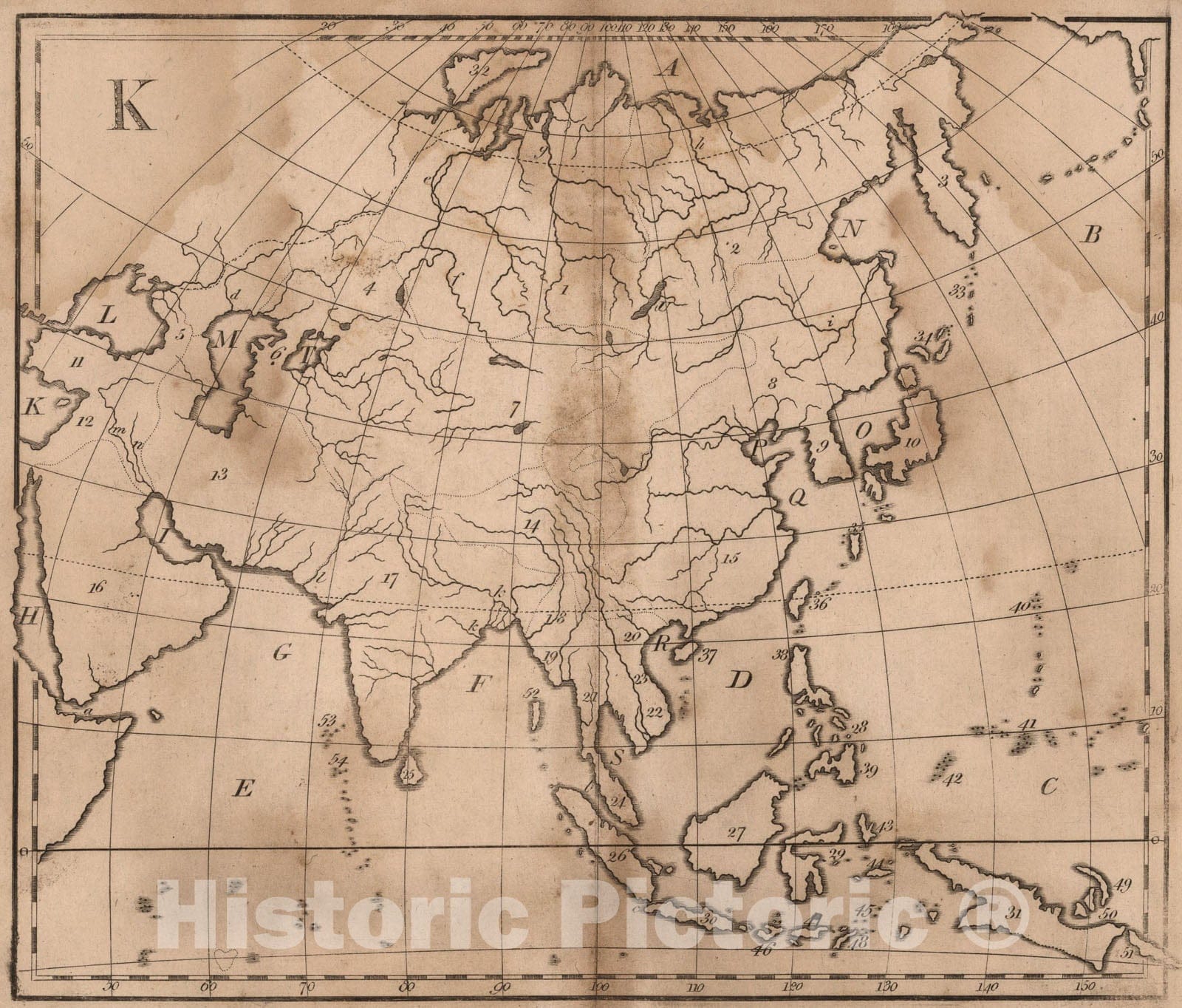 Historic Map : K: Untitled outline map of Asia, 1807, Vintage Wall Art