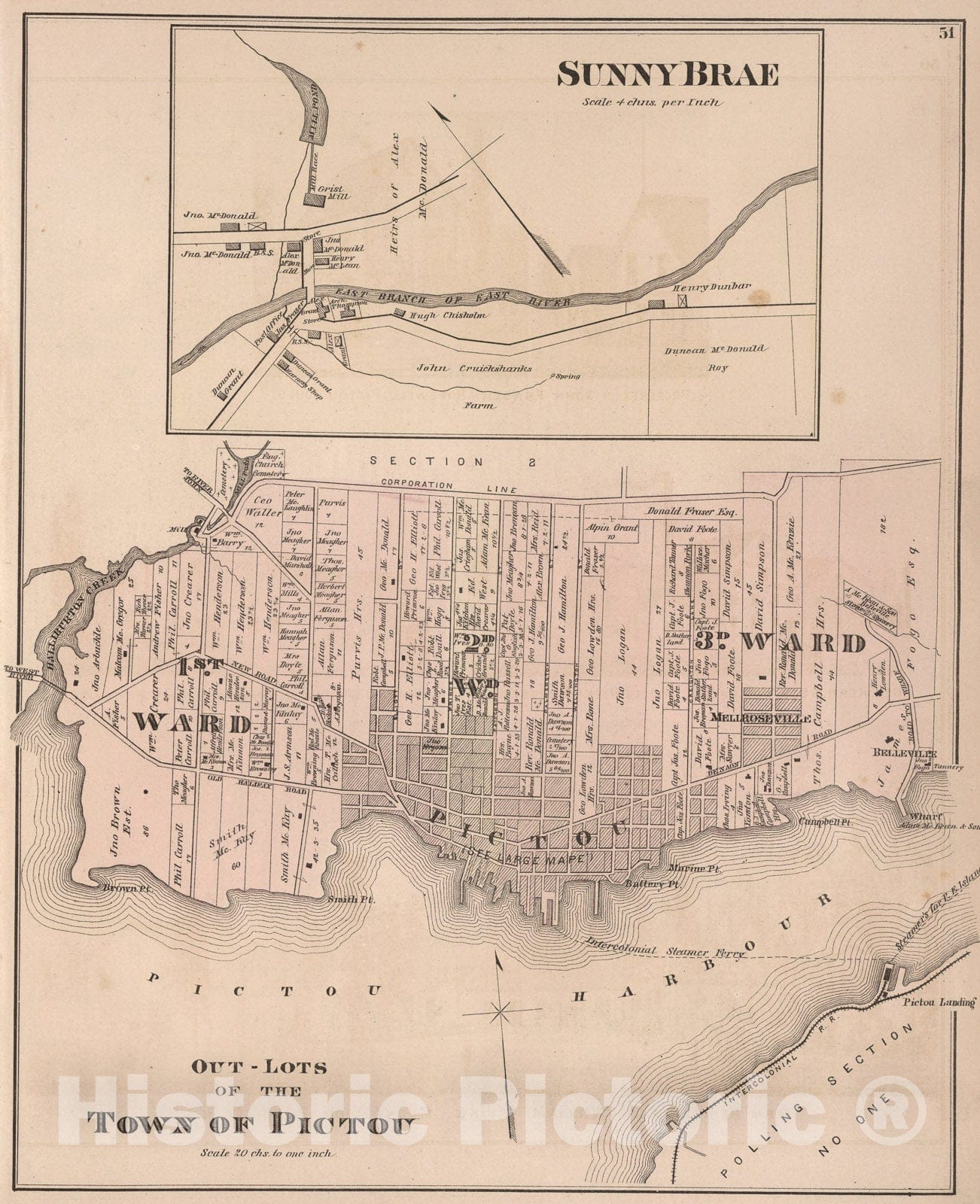 Historic Map : Out-Lots of the Town of Pictou, Pictou County, Nova Scotia. Sunny Brae., 1879, Vintage Wall Art