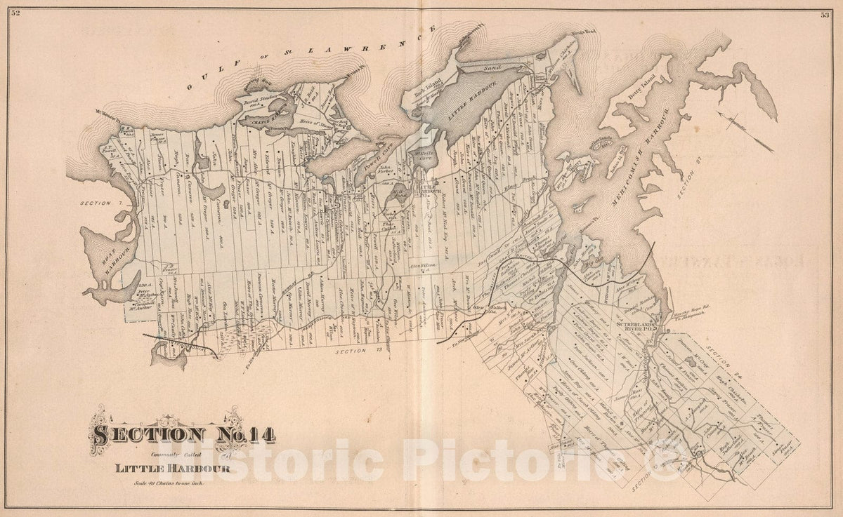 Historic Map : Section No. 14, Commonly Called Little Harbour, Pictou County, Nova Scotia., 1879, Vintage Wall Art