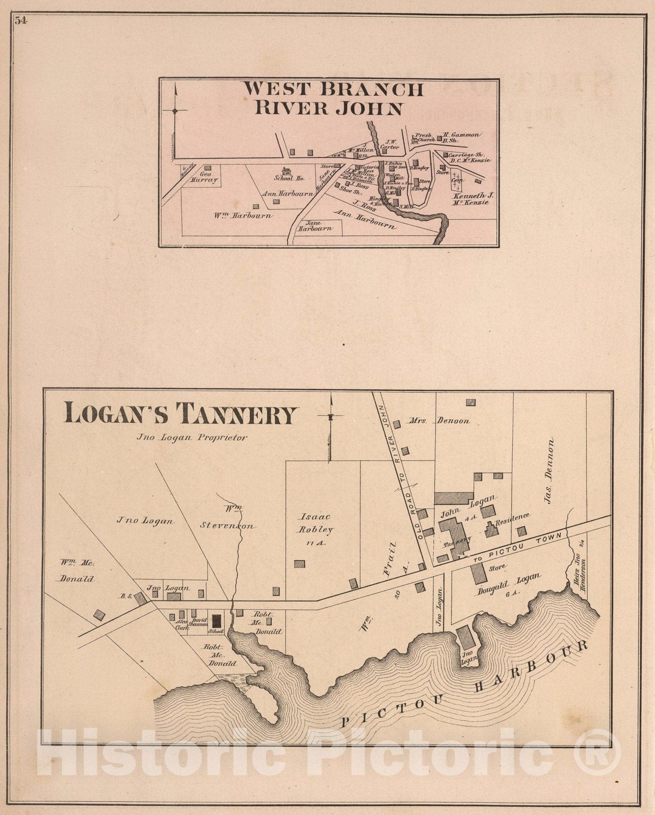 Historic Map : Logan's Tannery. West Branch River John, Pictou County, Nova Scotia., 1879, Vintage Wall Art