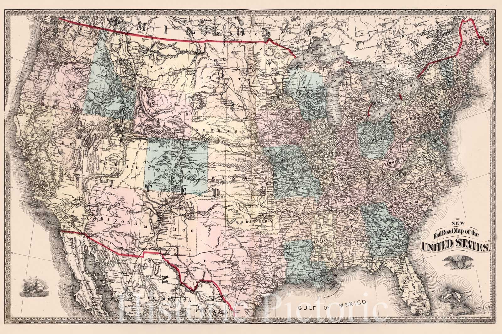 Historic Map : New Railroad Map of the United States., 1877, Vintage Wall Art