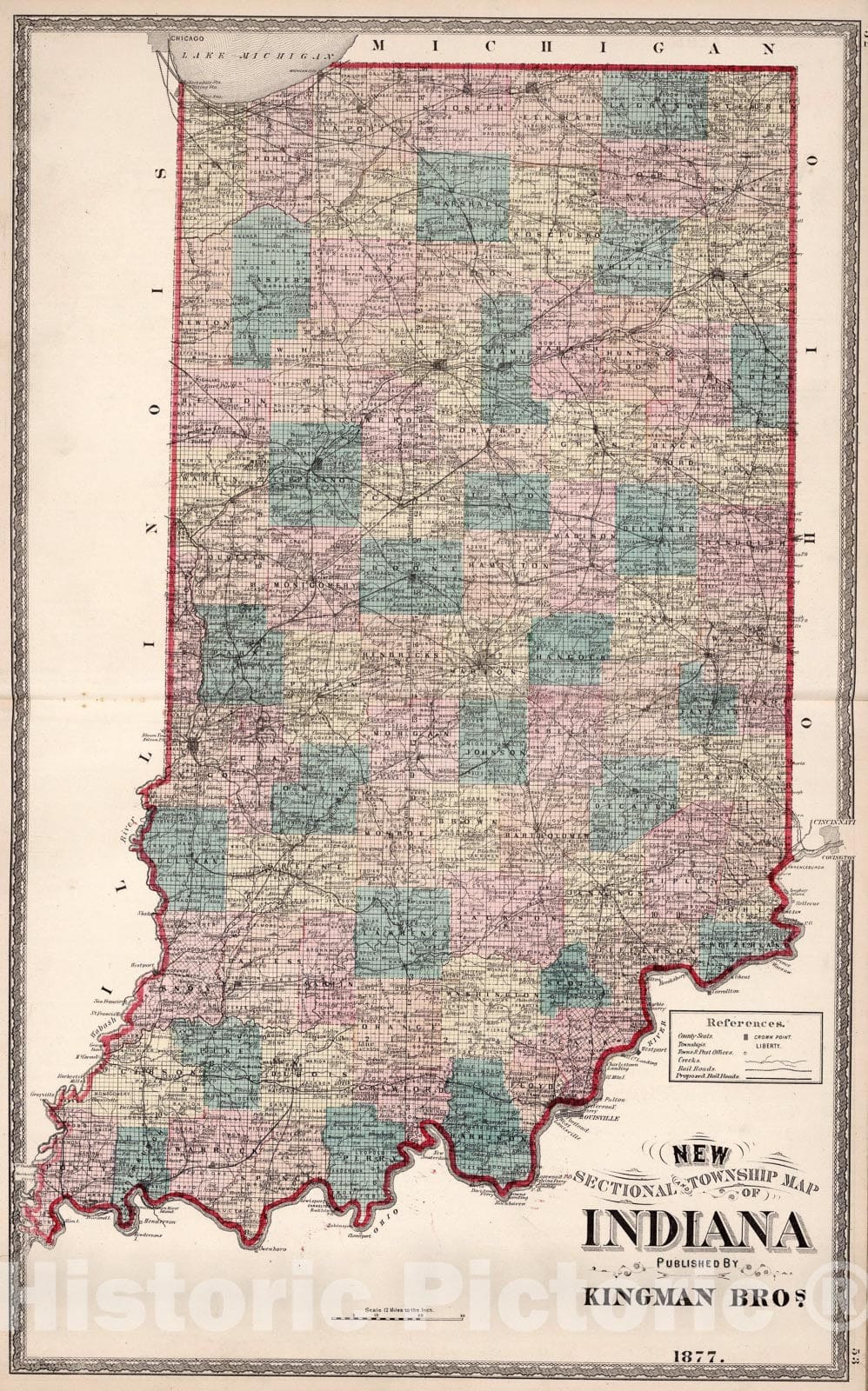 Historic Map : Indiana., 1877, Vintage Wall Art