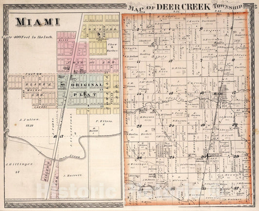Historic Map : Deer Creek Township. Miami, Indiana., 1877, Vintage Wall Art