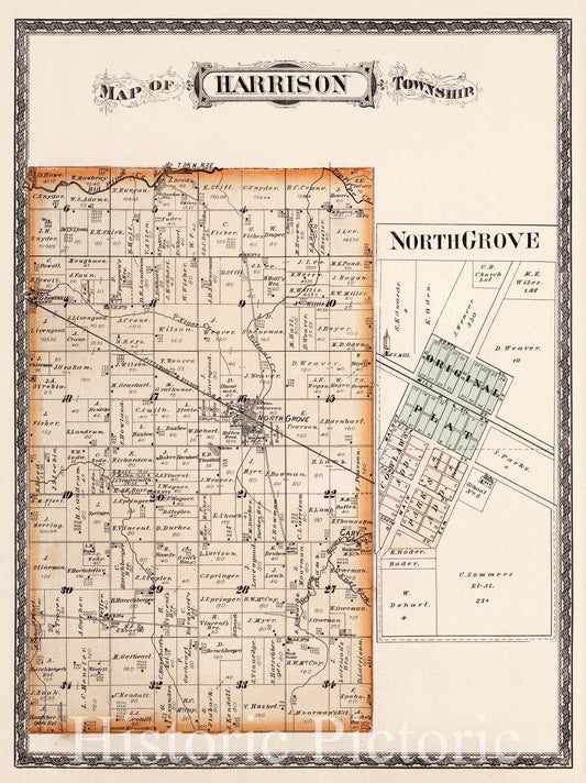 Historic Map : Harrison Township, Miami County, Indiana. North Grove, Indiana., 1877, Vintage Wall Art