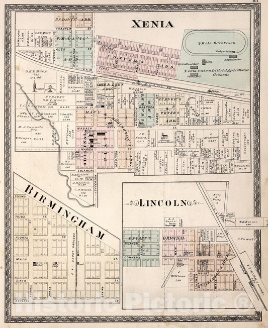 Historic Map : Xenia. Birmingham. Lincoln, Indiana., 1877, Vintage Wall Art