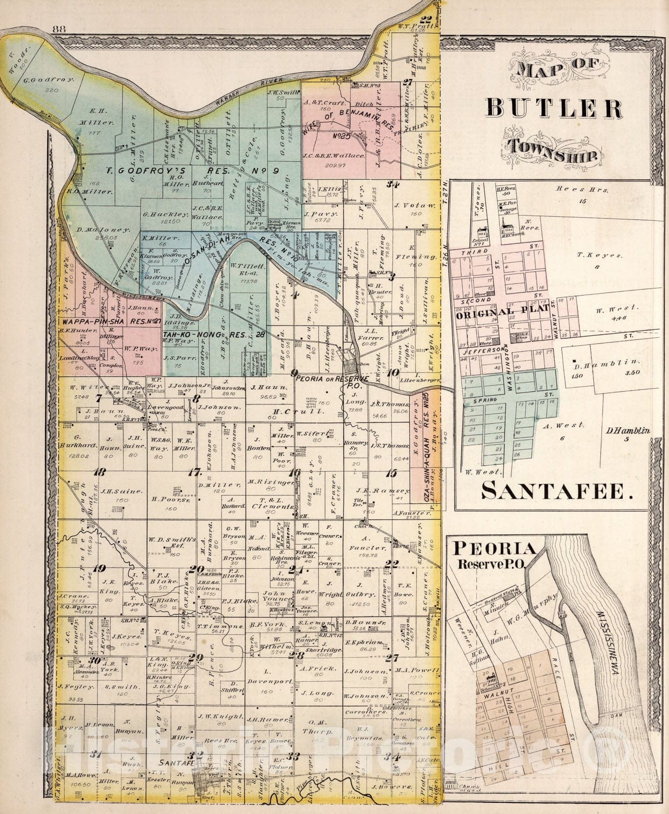 Historic Map : Butler Township. Santafee. Peoria, Reserve P.O., Indiana, 1877, Vintage Wall Art