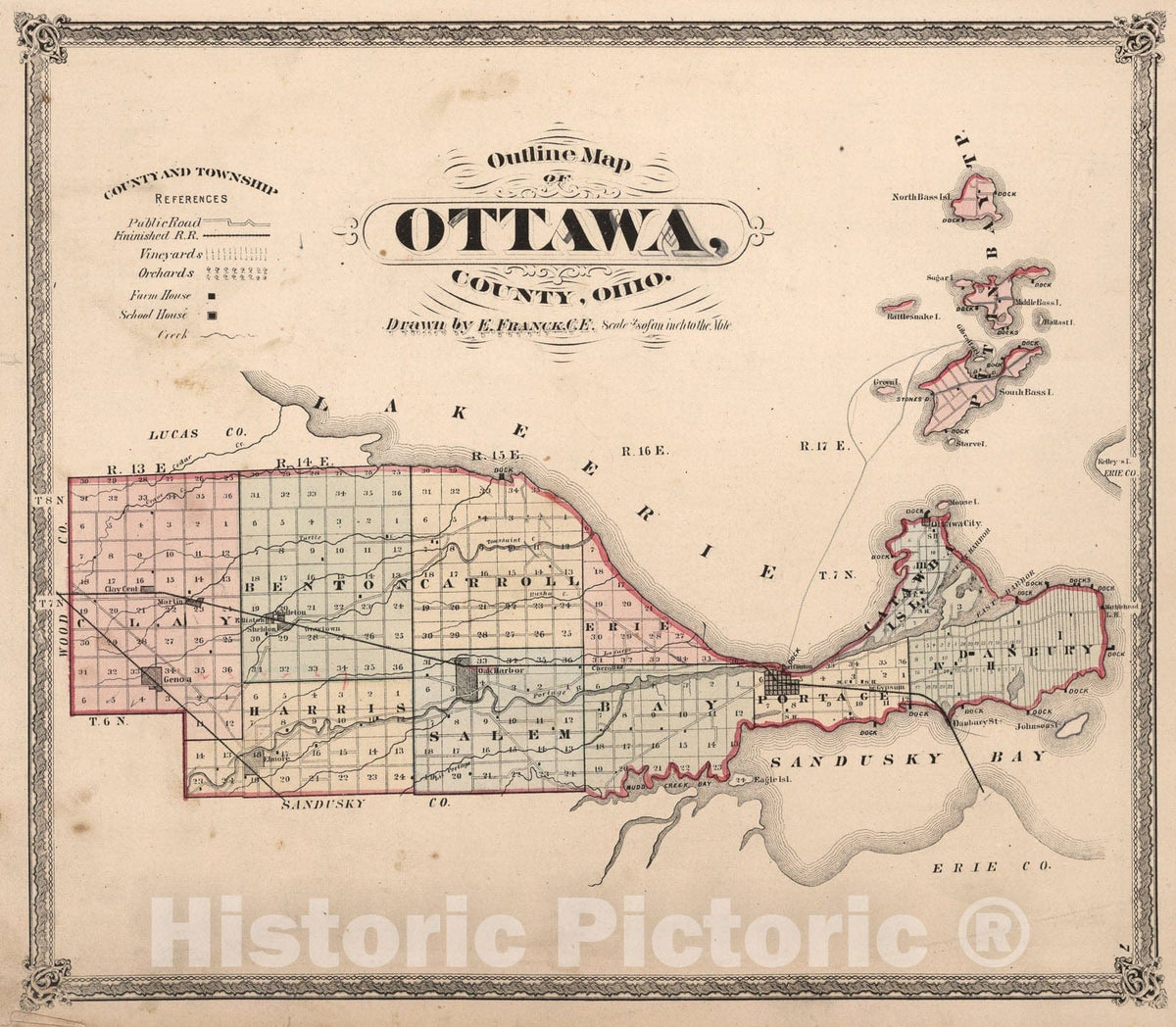 Historic Map : Ottawa County, Ohio., 1874, Vintage Wall Art