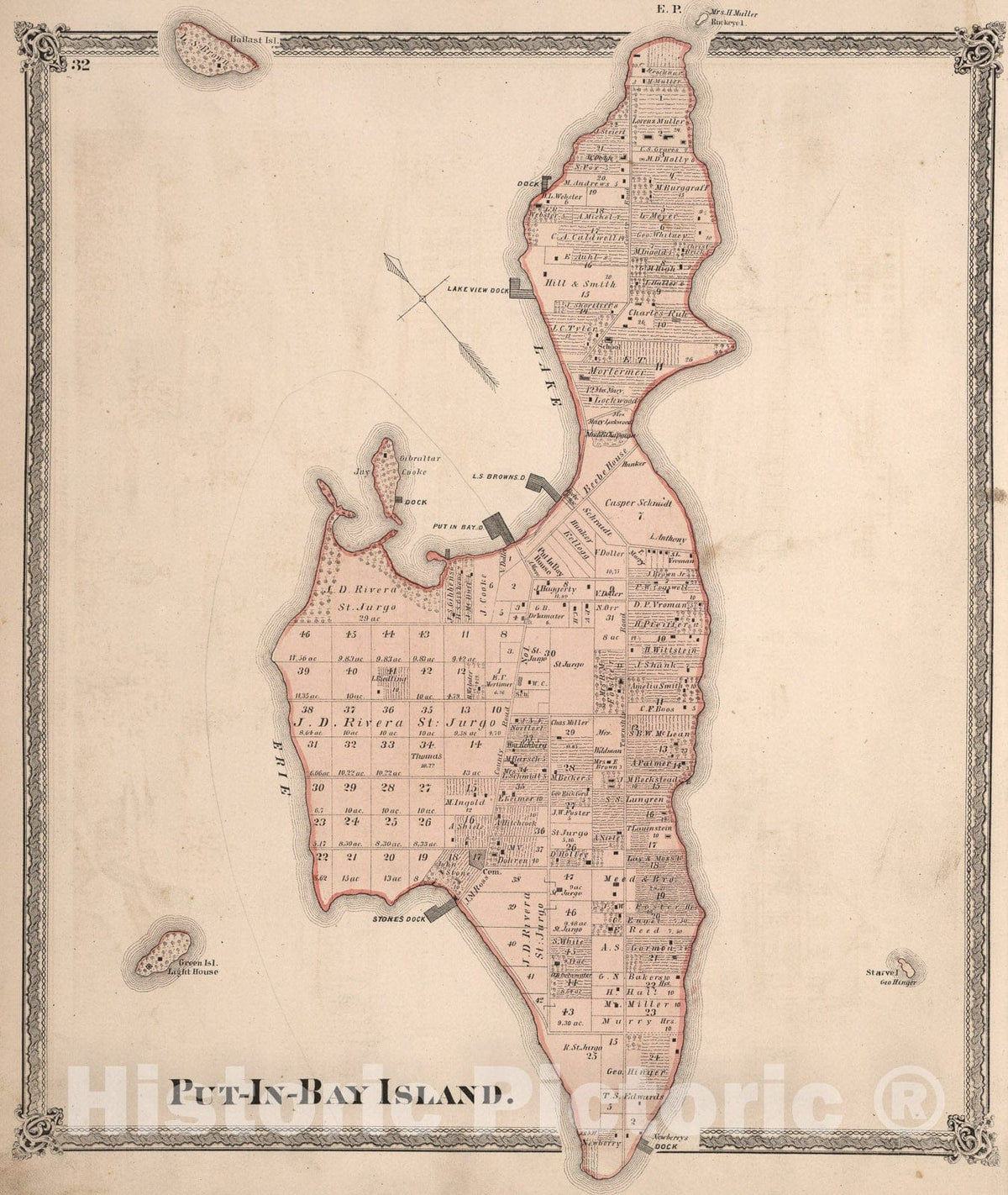 Historic Map : Put-In-Bay Island, Ottawa County (Ohio)., 1874, Vintage Wall Art