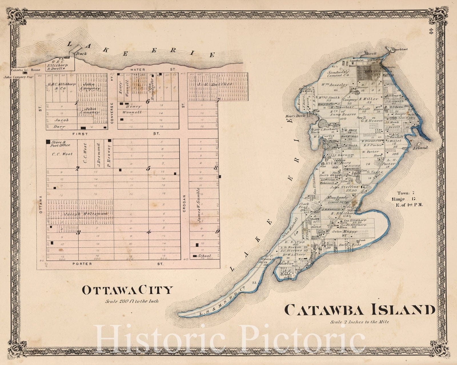 Historic Map : Ottawa City. Catawba Island, Ottawa County, Ohio., 1874, Vintage Wall Art