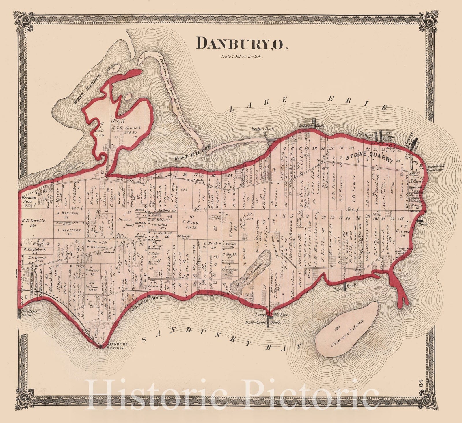 Historic Map : Danbury, Ottawa County, Ohio., 1874, Vintage Wall Art