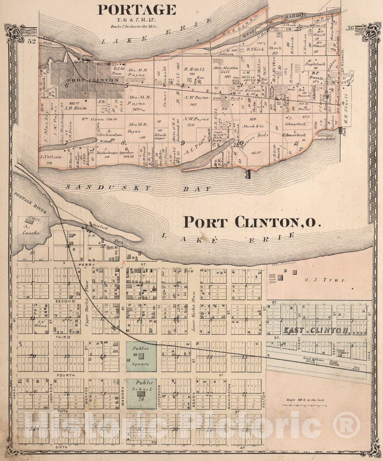 Historic Map : Portage, Ottawa County, Ohio. Port Clinton., 1874, Vintage Wall Art