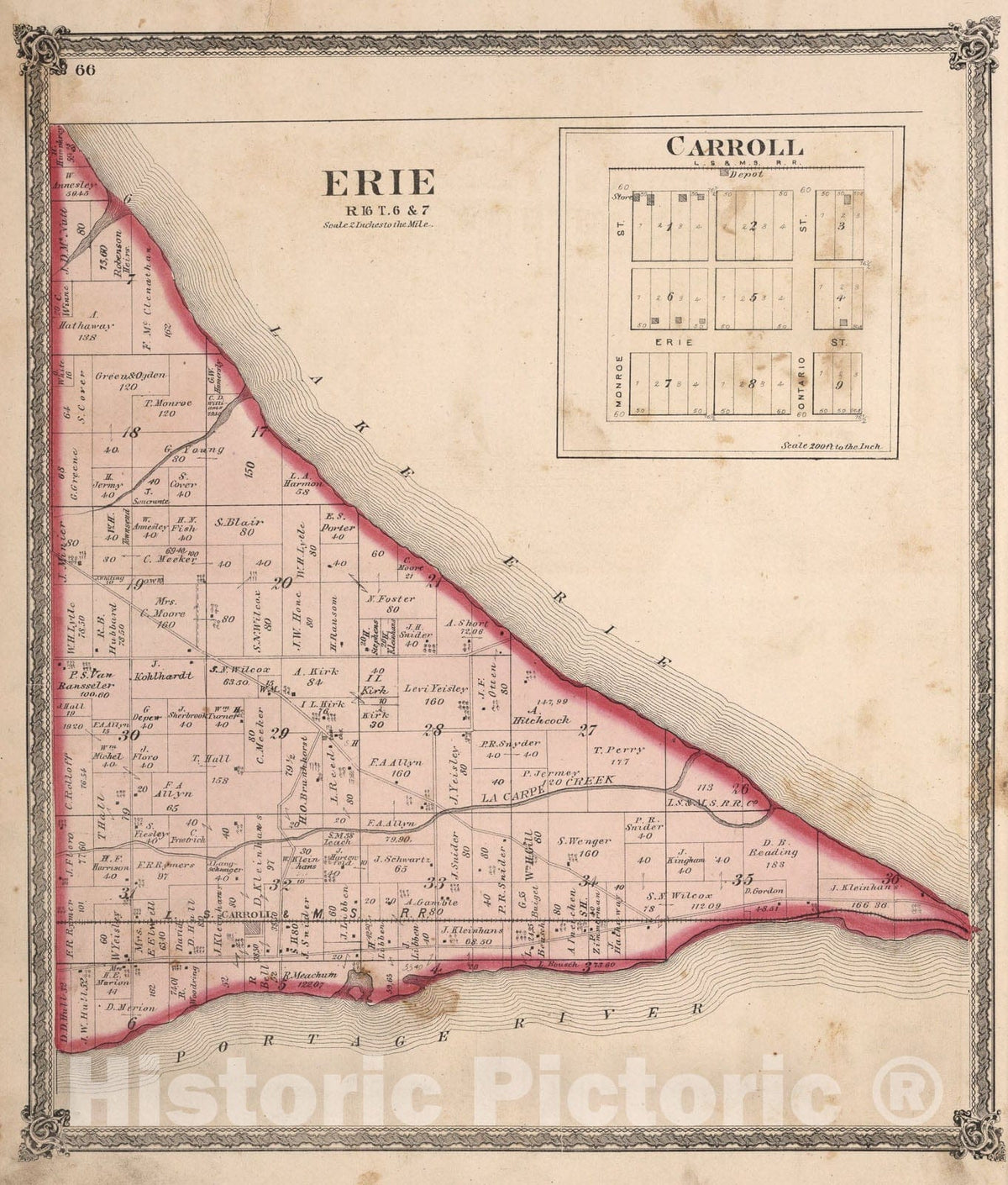 Historic Map : Erie, Ottawa County, Ohio. Carroll., 1874, Vintage Wall Art