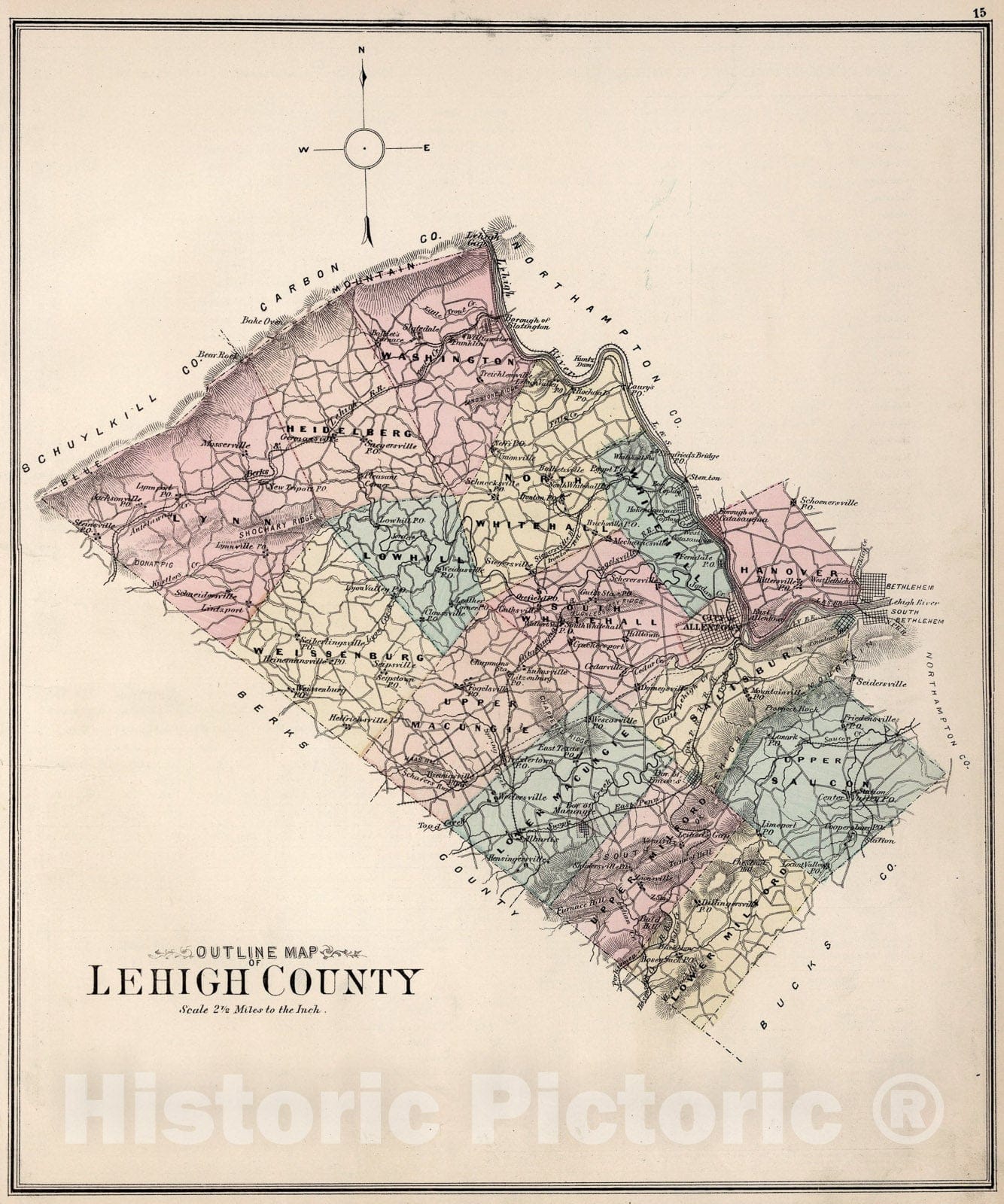 Historic Map : Outline Map of Lehigh County., 1876, Vintage Wall Art