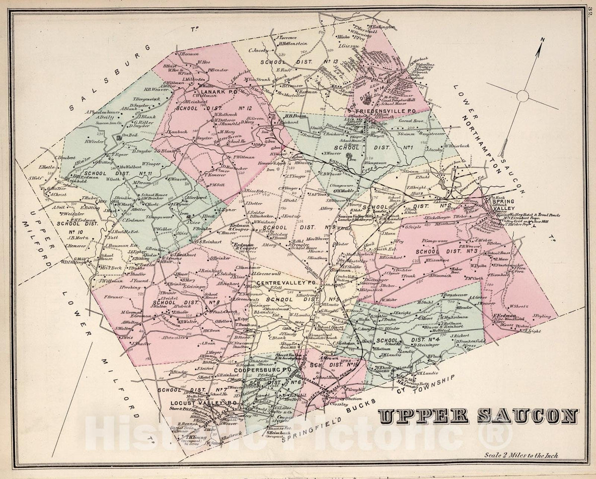 Historic Map : Upper Saucon, Lehigh County, Pennsylvania., 1876, Vintage Wall Art