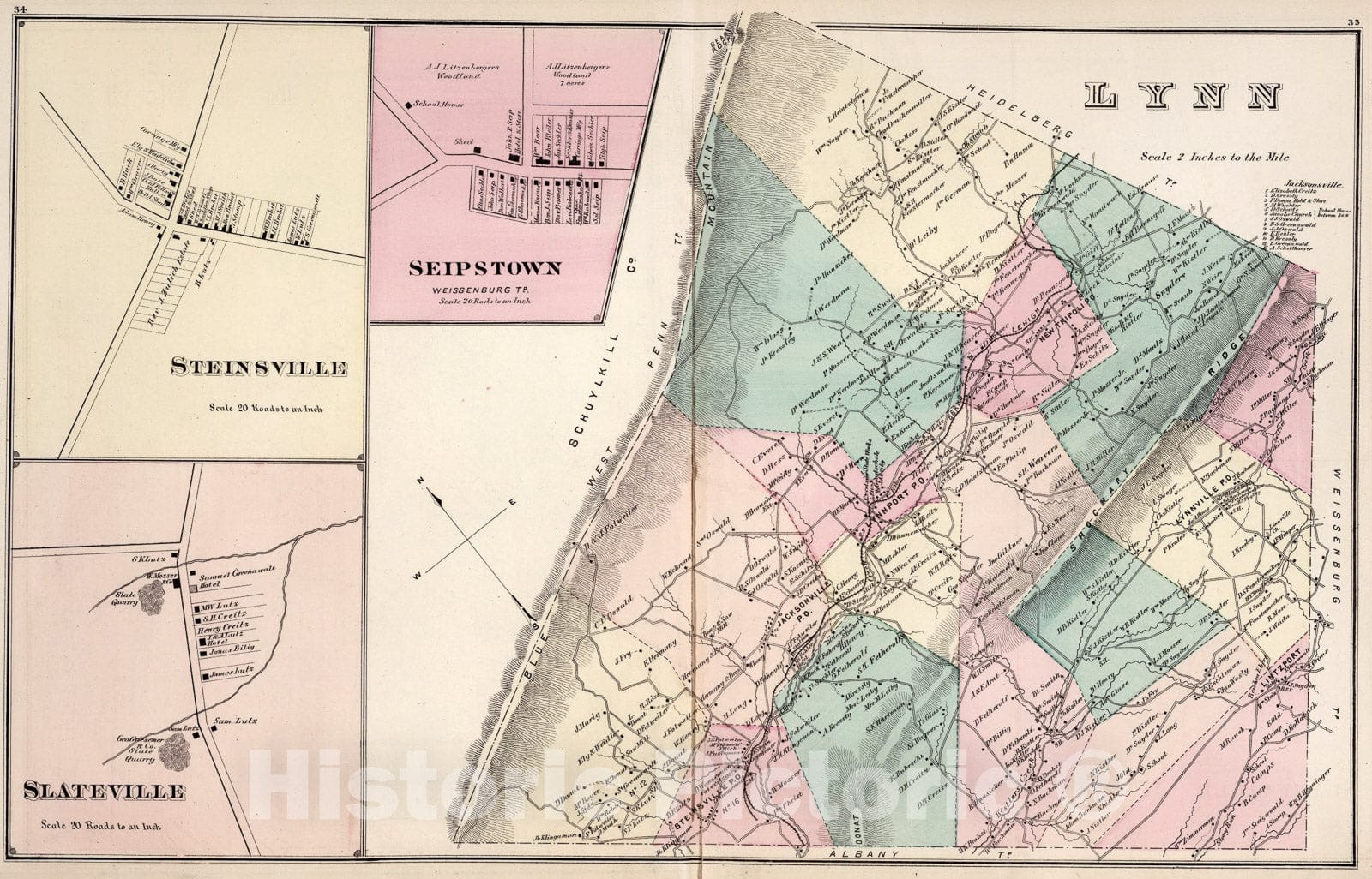 Historic Map : Lynn, Lehigh County, Pennsylvania. Steinsville. Slateville. Seipstown., 1876, Vintage Wall Art