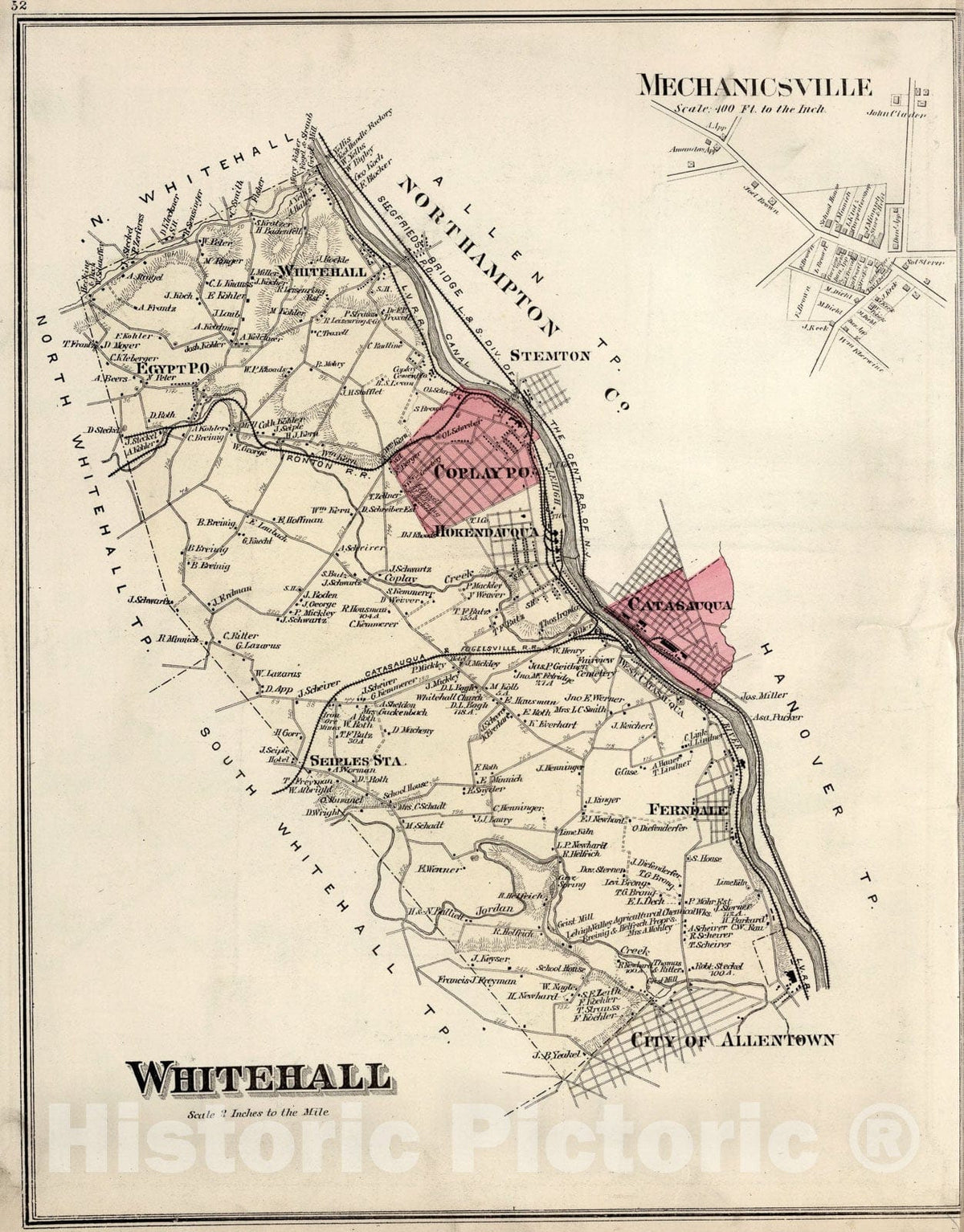Historic Map : Whitehall, Lehigh County, Pennsylvania. Mechanicsville., 1876, Vintage Wall Art