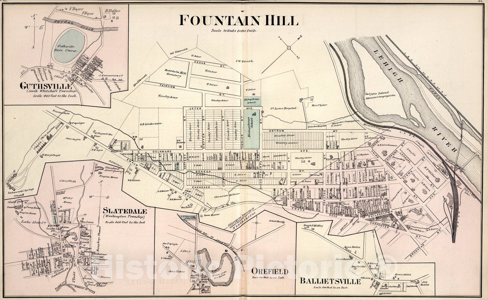 Historic Map : Fountain Hill. Guthsville. Slatedale. Orefield. Ballietsville., 1876, Vintage Wall Art