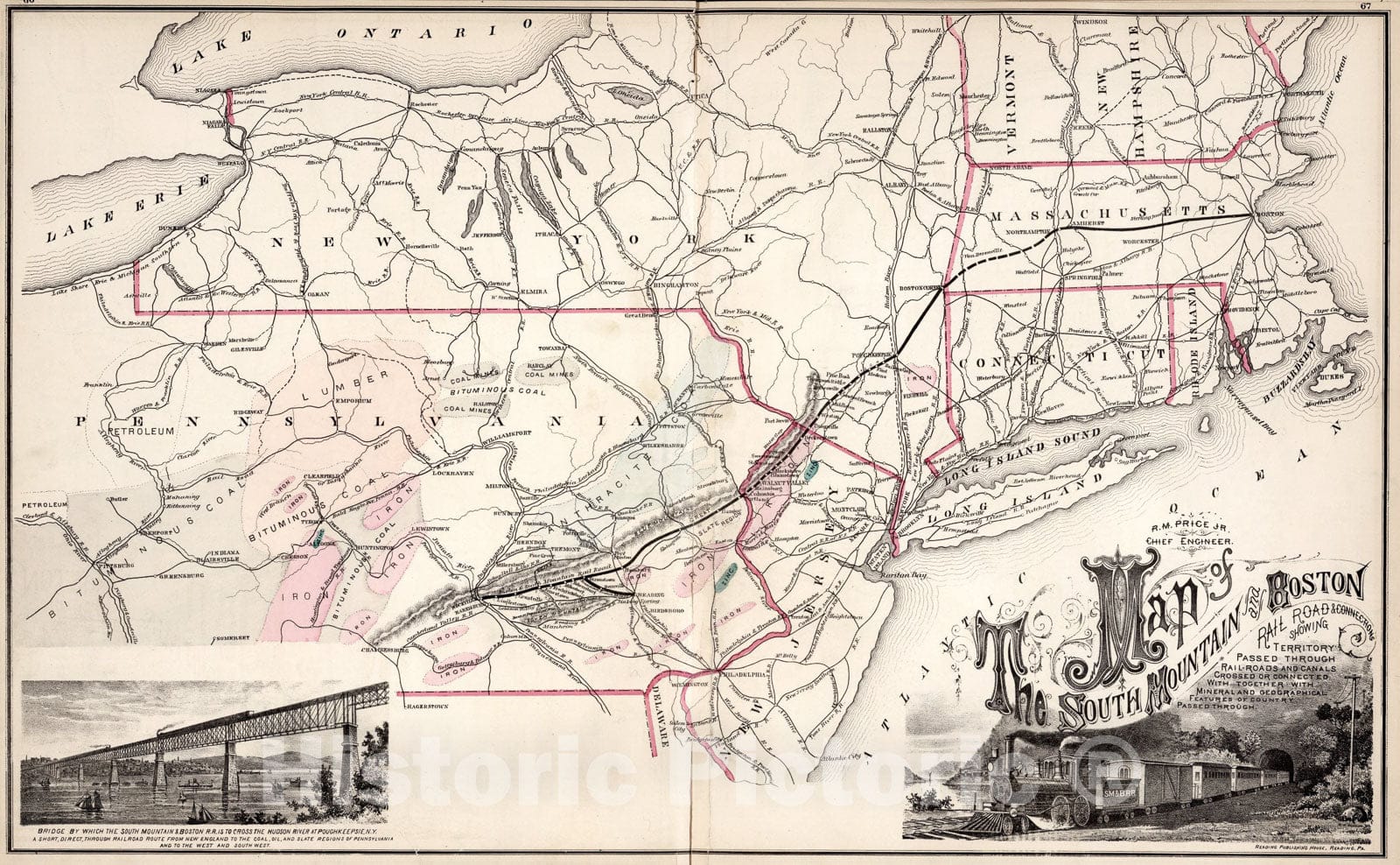 Historic Map : Map of the South Mountain and Boston Railroad and Connections., 1876, Vintage Wall Art