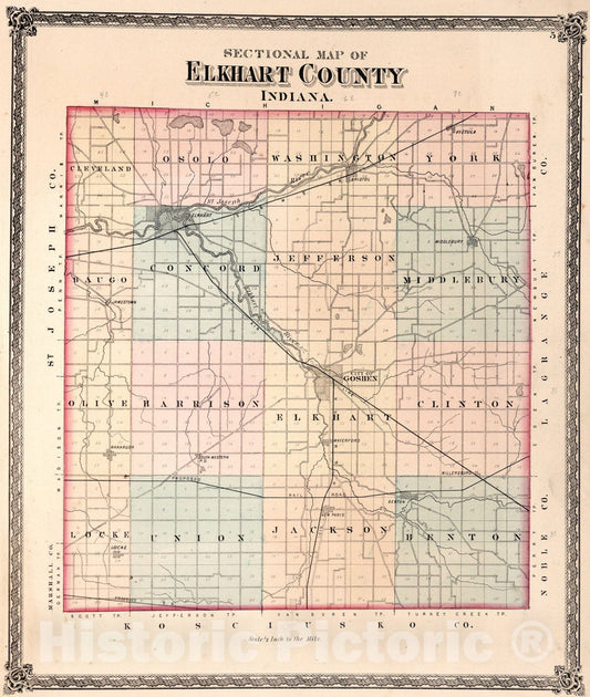 Historic Map : Sectional Map of Elkhart County, Indiana., 1874, Vintage Wall Art