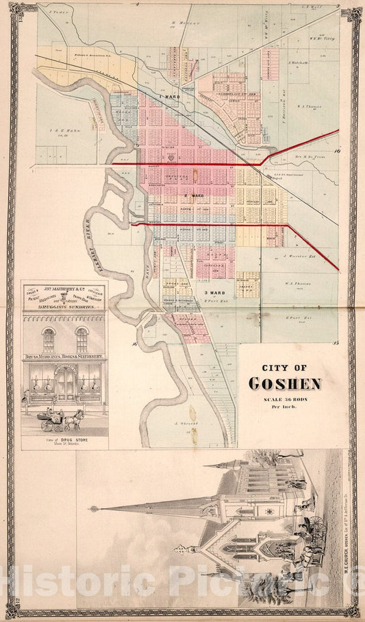 Historic Map : City of Goshen. (View) M.E. Church. Jno. Maybury & Co., Elkhart County, Indiana., 1874, Vintage Wall Art