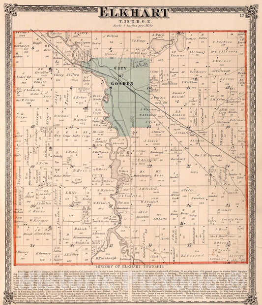 Historic Map : Elkhart Township, Elkhart County, Indiana., 1874, Vintage Wall Art