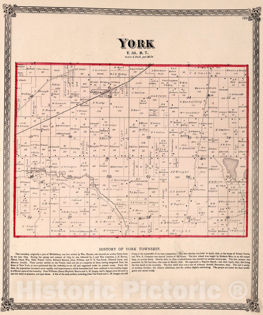 Historic Map : York Township, Elkhart County, Indiana., 1874, Vintage Wall Art