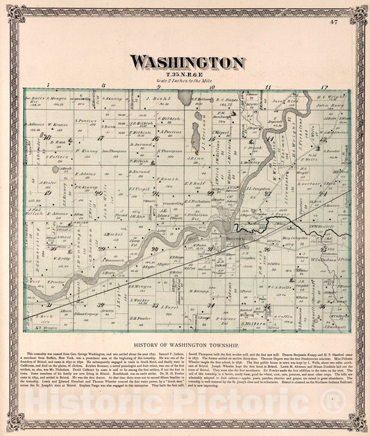 Historic Map : Washington Township, Elkhart County, Indiana., 1874, Vintage Wall Art
