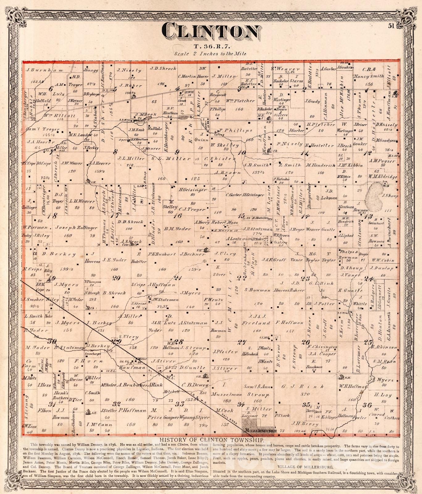 Historic Map : Clinton Township, Elkhart County, Indiana., 1874, Vintage Wall Art