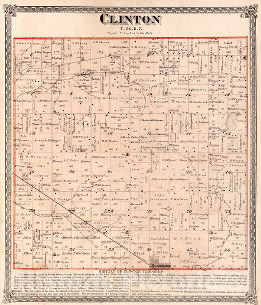 Historic Map : Clinton Township, Elkhart County, Indiana., 1874, Vintage Wall Art