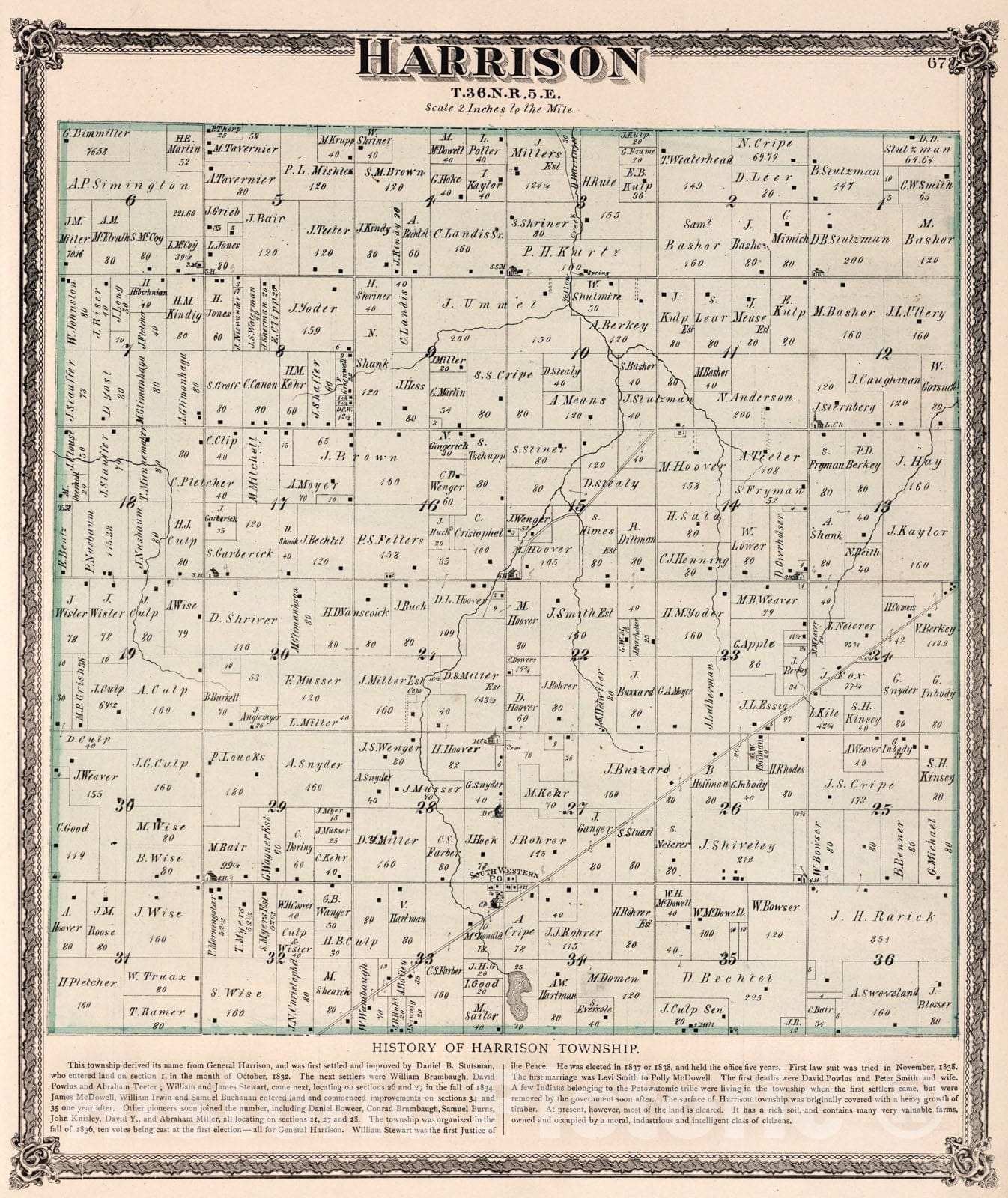 Historic Map : Harrison Township, Elkhart County, Indiana., 1874, Vintage Wall Art