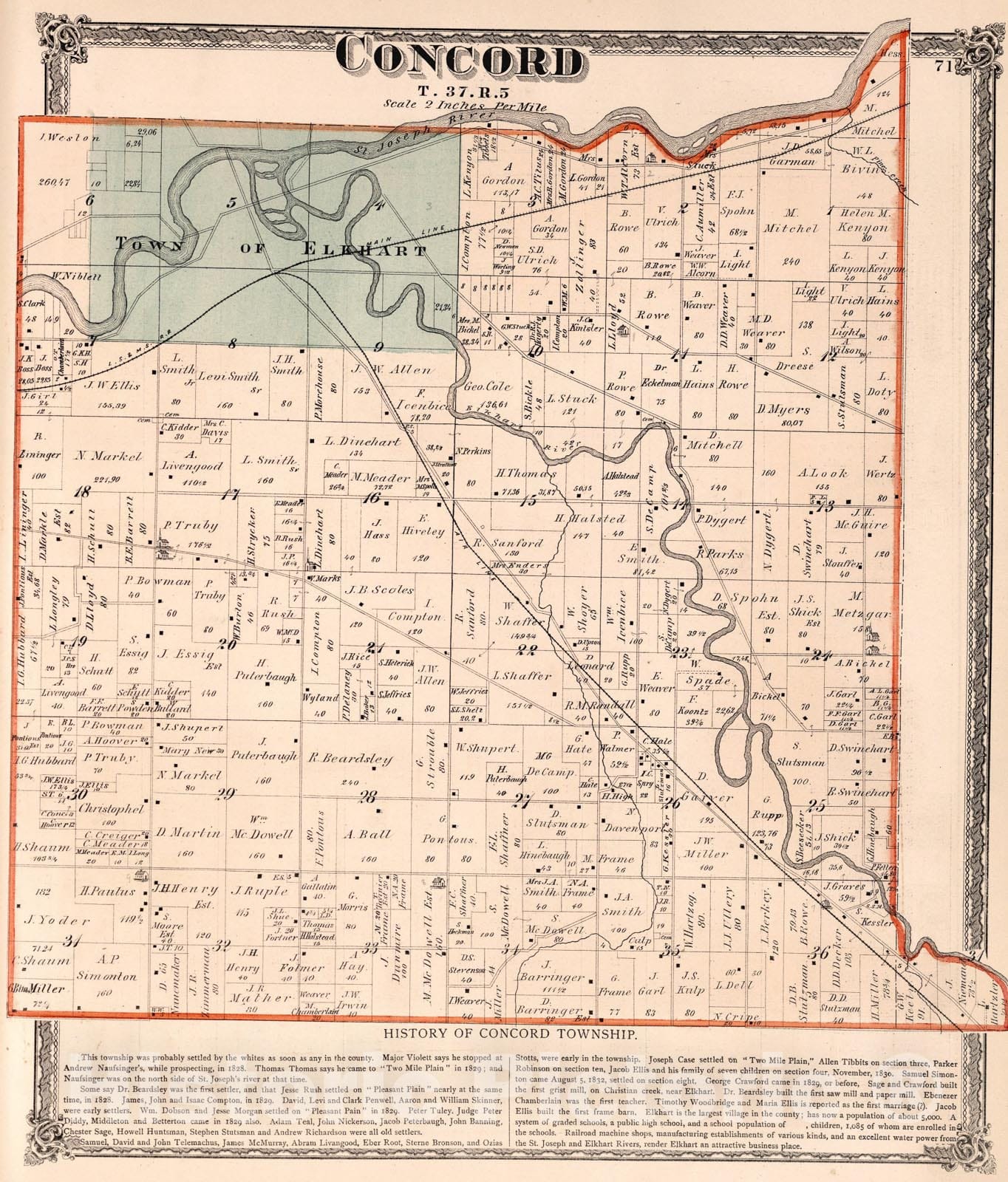 Historic Map : Concord Township, Elkhart County, Indiana., 1874, Vintage Wall Art