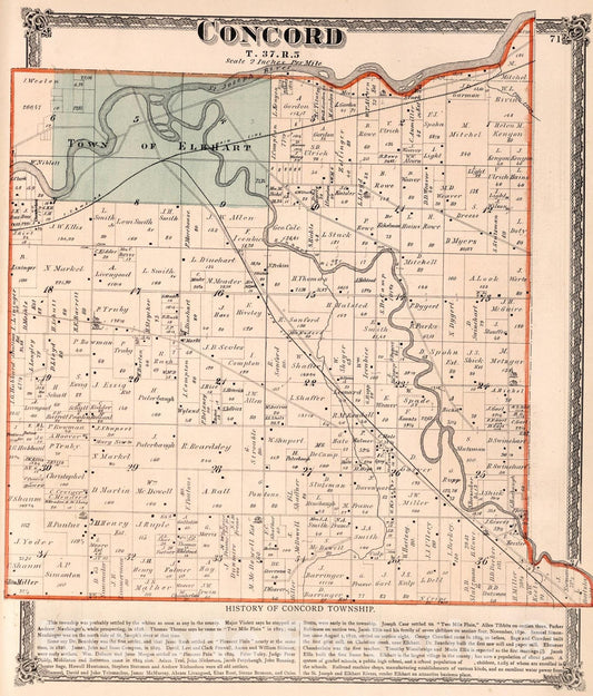 Historic Map : Concord Township, Elkhart County, Indiana., 1874, Vintage Wall Art