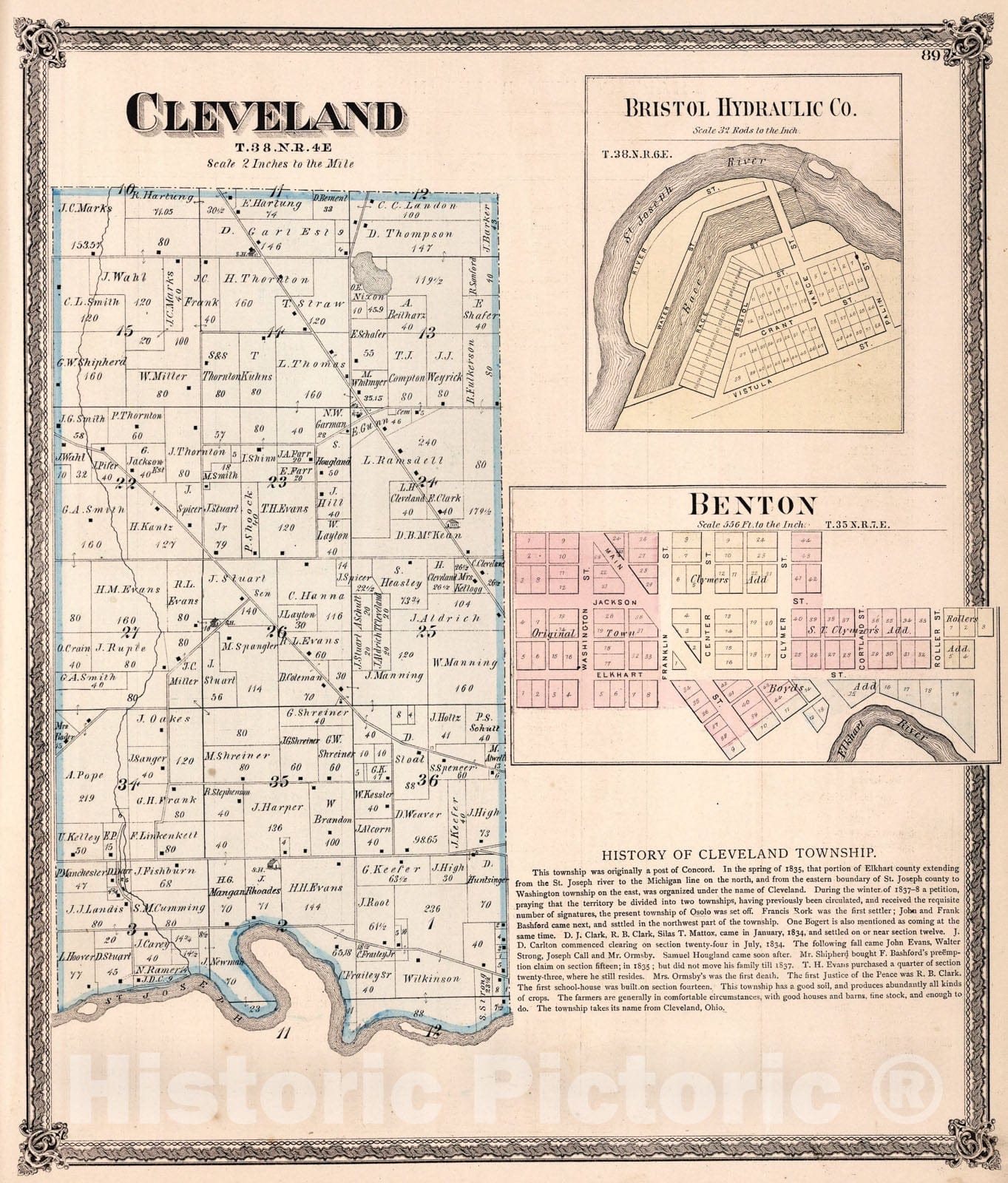 Historic Map : Cleveland Township, Elkhart County, Indiana. Bristol Hydraulic Co. Benton., 1874, Vintage Wall Art
