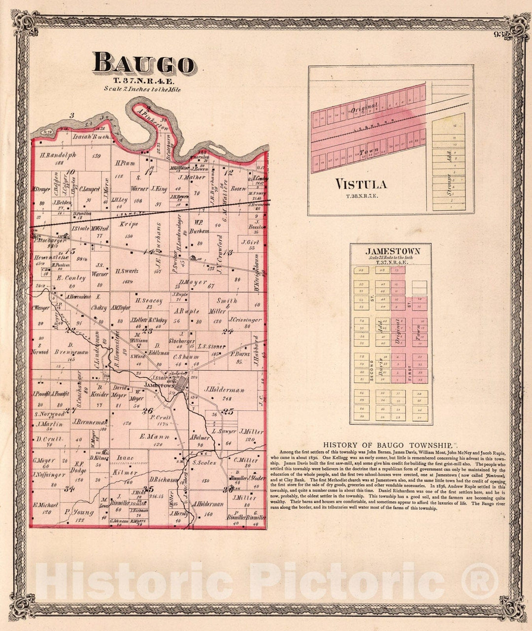 Historic Map : Baugo Township, Elkhart County, Indiana. Vistula. Jamestown., 1874, Vintage Wall Art