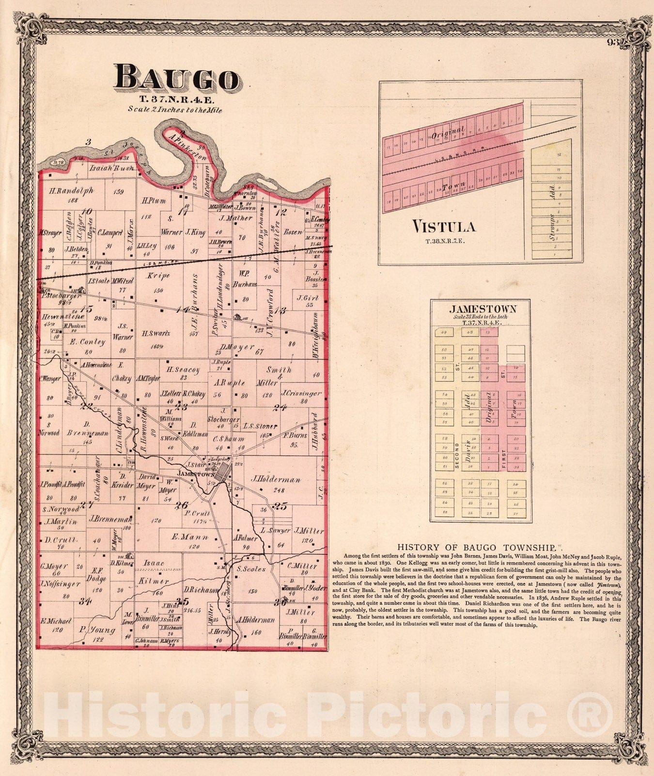 Historic Map : Baugo Township, Elkhart County, Indiana. Vistula. Jamestown., 1874, Vintage Wall Art