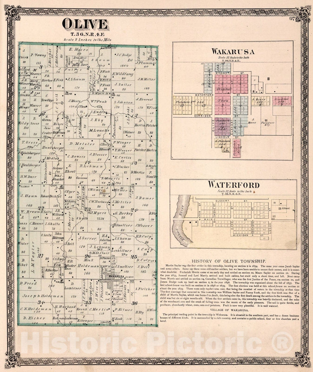 Historic Map : Olive Township, Elkhart County, Indiana. Wakarusa. Waterford., 1874, Vintage Wall Art