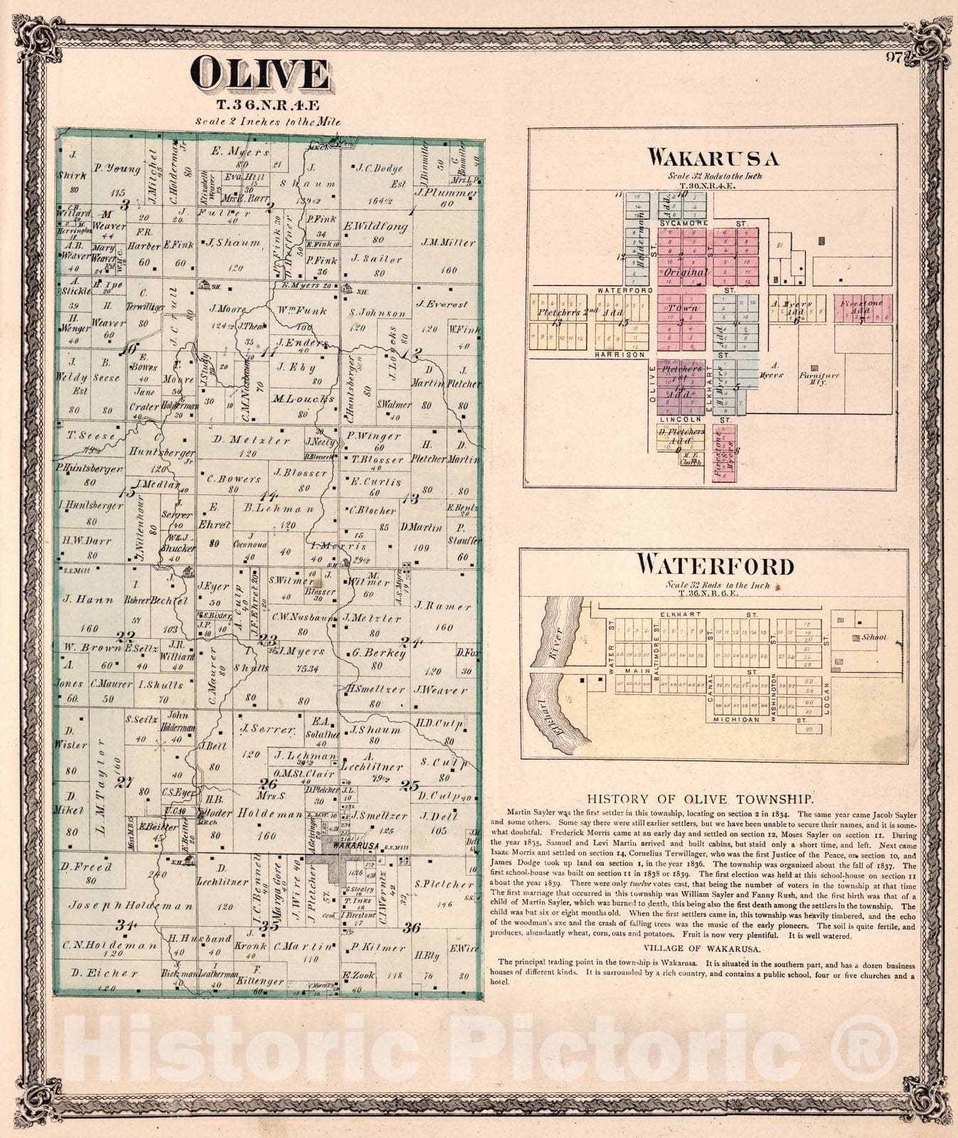 Historic Map : Olive Township, Elkhart County, Indiana. Wakarusa. Waterford., 1874, Vintage Wall Art