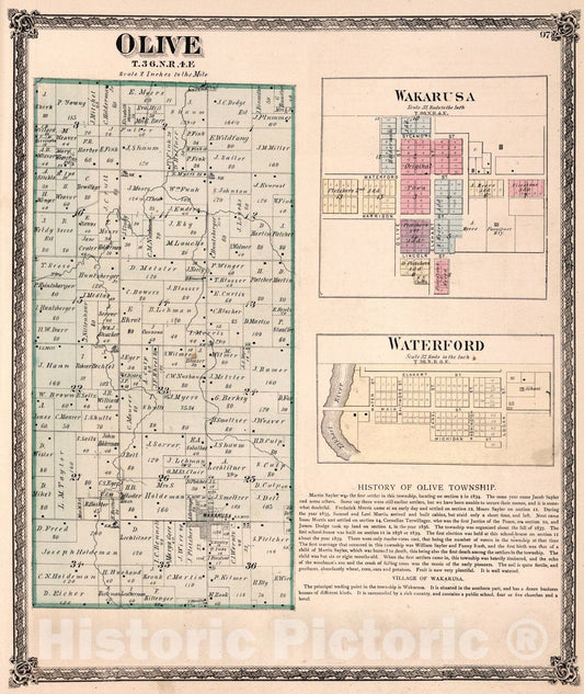 Historic Map : Olive Township, Elkhart County, Indiana. Wakarusa. Waterford., 1874, Vintage Wall Art