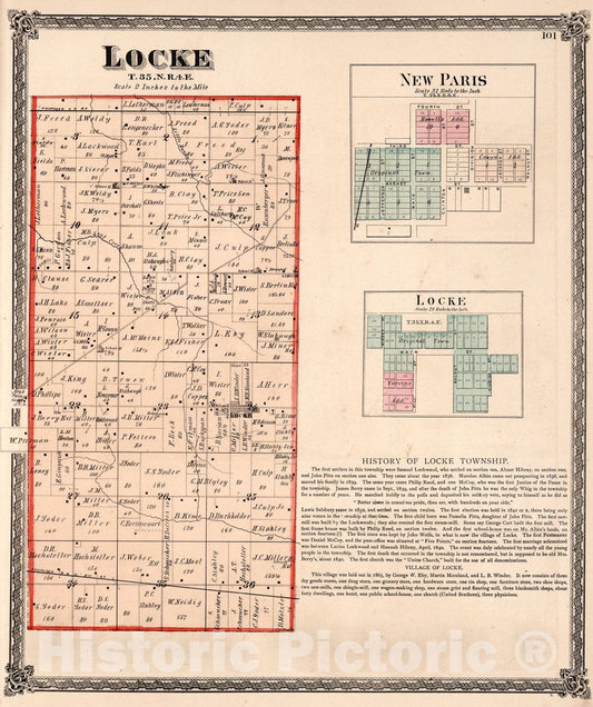 Historic Map : Locke Township, Elkhart County, Indiana. New Paris. Locke., 1874, Vintage Wall Art