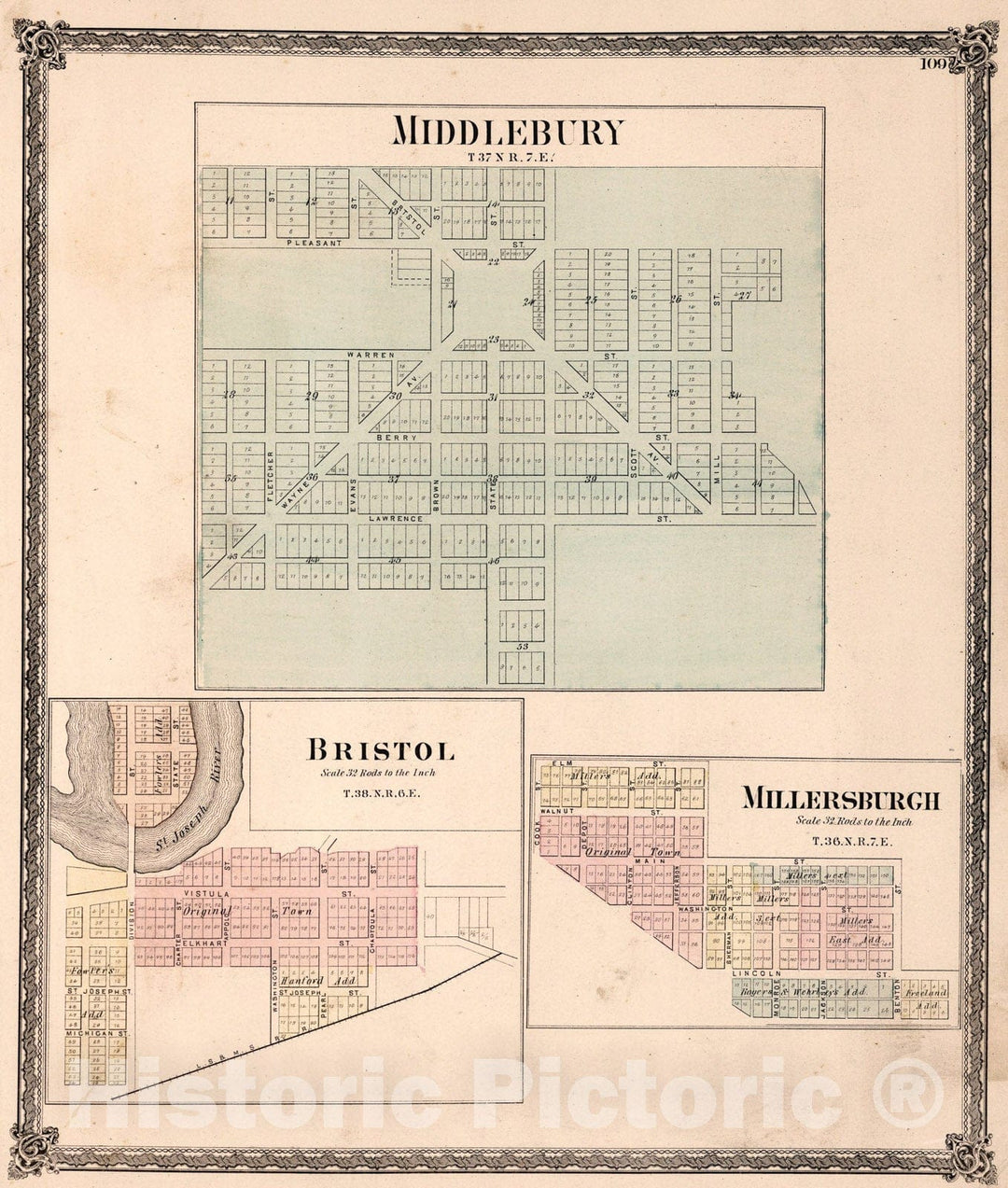 Historic Map : Middlebury. Bristol. Millersburgh (Millersburg), Indiana., 1874, Vintage Wall Art